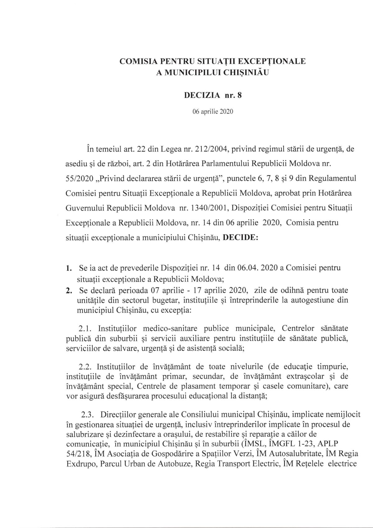 Decizia nr.8 a Comisiei pentru Situații Excepționale a municipiului Chișinăui 