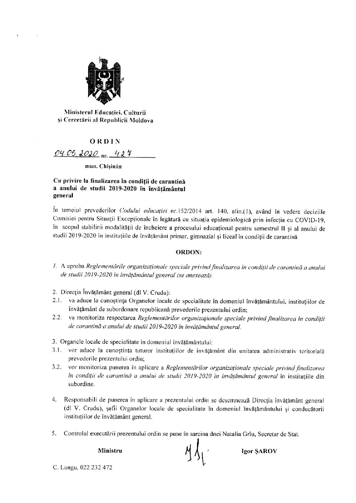 Reglementări organizaționale speciale privind finalizarea în condiții de carantina a anului de studii 2019-2020 în învățământul general