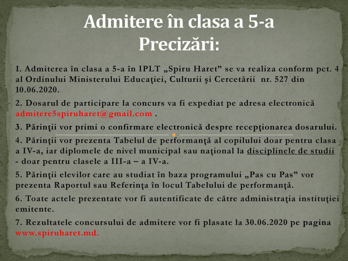 ADMITERE ÎN CLASA A 5-a. PRECIZĂRI